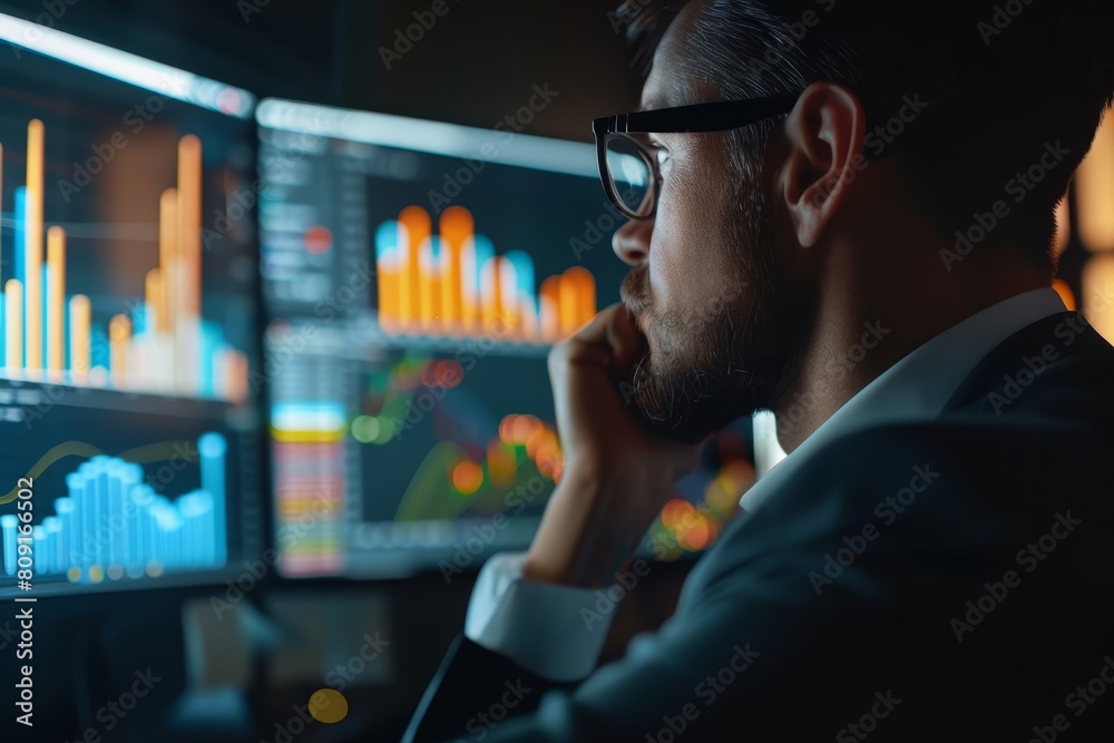 Poster a man wearing glasses is focused on analyzing data displayed on a computer screen, a businessman loo