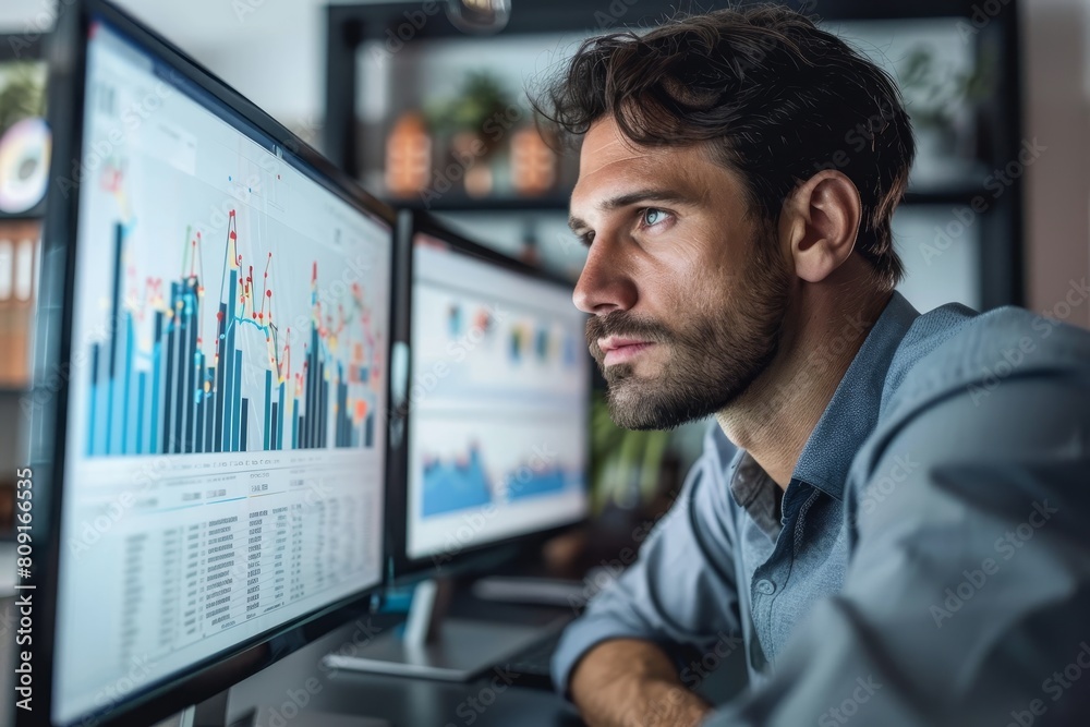Poster a man sitting in front of a computer monitor, analyzing charts and graphs, a businessman looking at 