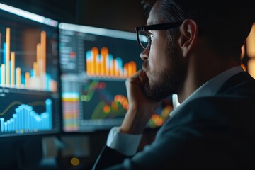 A man wearing glasses is focused on analyzing data displayed on a computer screen, A businessman looking at charts and graphs on a computer screen