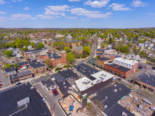 Melrose City Hall aerial view and Main Street in historic city center of Melrose, Massachusetts MA,...