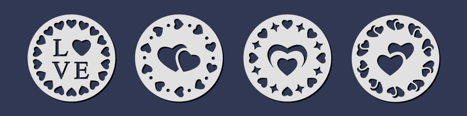 Vector set of laser cut circle coaster templates with hearts. Cnc cutting with metal, wood, paper, glass, leather. Round decorative panel design