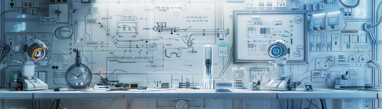 Robotics Engineer's Wall: Adorned with robot designs, circuit diagrams, and a whiteboard with project timelines