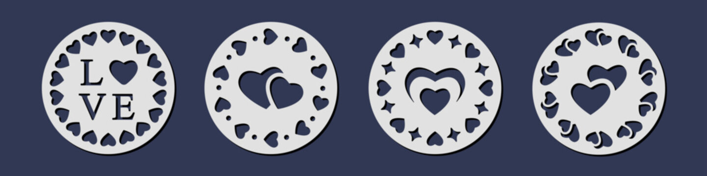Vector set of laser cut circle coaster templates with hearts. Cnc cutting with metal, wood, paper, glass, leather. Round decorative panel design