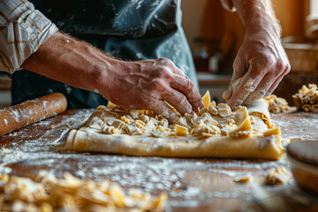 Detail of hands of men rolling the dough. Preparation for baking of traditional czech pastry. Homemade fresh food
