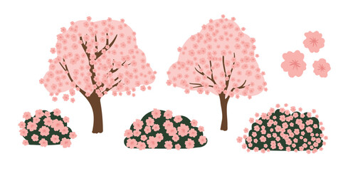 Backgrounds with peaceful landscapes. Set of cards with spring park, cherry blossom, urban waterfront, forest, countryside home, blooming garden and mountain views. Flat vector illustrations.