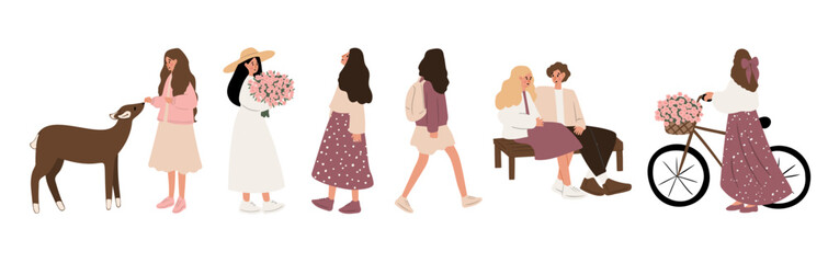 Women enjoying nature set. Women walk park paths, feed deer, cycle with flowers, sit on benches surrounded by blossoming trees, meadows, mountain and wildlife. Flat vector illustrations clipart.