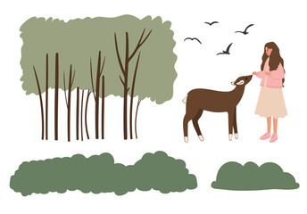 Women enjoying nature set. Women walk park paths, feed deer, cycle with flowers, sit on benches surrounded by blossoming trees, meadows, mountain and wildlife. Flat vector illustrations clipart.