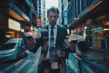 Fototapeta premium A man dressed in a suit and tie is walking down a busy city street while multitasking with a smartphone, A businessman with a smartphone in hand, multitasking with ease