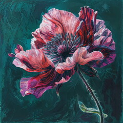 Single pink poppy with detailed petals on a dark turquoise background. Botanical illustration. Floral design concept for wallpaper, greeting card, poster, invitation. Mother's and woman day. 