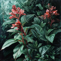 Vivid red flowers against lush green foliage. Floral design concept for home decoration and textile design, wallpaper, greeting card, poster, invitation. 