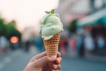 Refreshing mint ice cream in a waffle cone