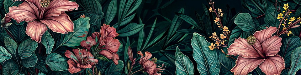 Long banner featuring tropical pink hibiscus flowers and lush green leaves. Artistic digital floral illustration. Nature-inspired theme for web and print media.