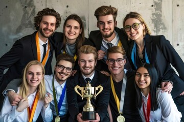 Group of people from a business team posing for a picture with a trophy, celebrating their success, A business team posing for a group photo with a trophy and medals