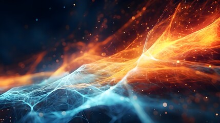  an abstract background of interconnected orange and blue lines that resemble fire. The background is filled with glowing sparks and has a dark blue hue.