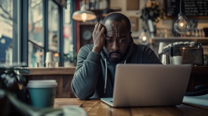 Stressed African American Man Working on Laptop in Coffee Shop