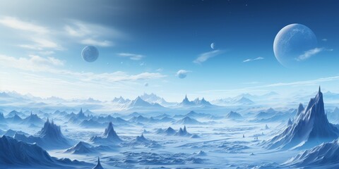 Futuristic alien landscape with floating mountains and moons
