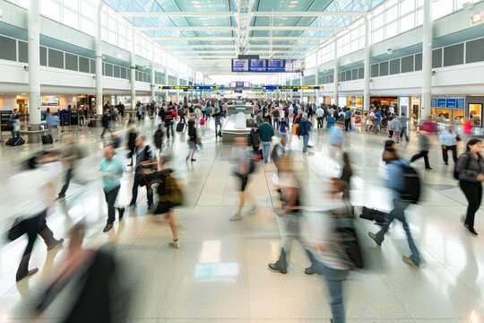 Crowd of travelers walking quickly through a busy airport terminal, A bustling airport terminal with travelers rushing to their gates - Powered by Adobe