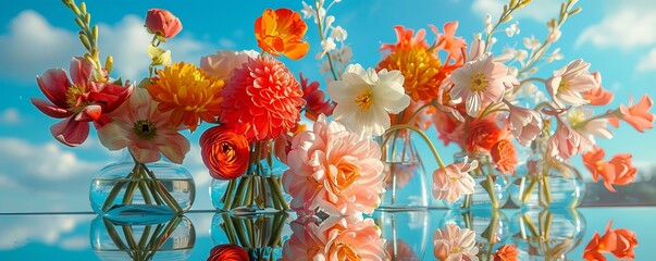 fine art decoration of colorful flowers in glass vases on mirror reflecting the blue sky in spring season