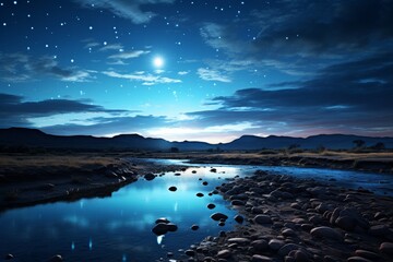 Serene night landscape with starry sky and mountain stream