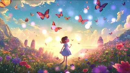 A girl playing with butterflies - Powered by Adobe