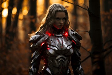 futuristic warrior woman in autumn forest