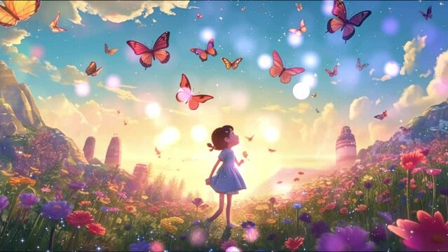 A girl playing with butterflies