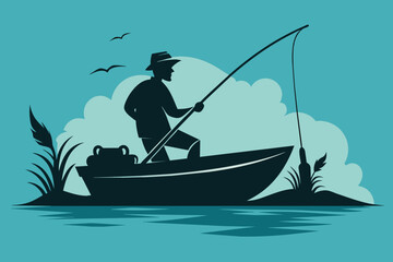 Fisherman in boat silhouette vector design