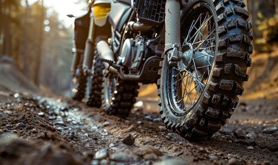 The front tires of three off-road motorbikes