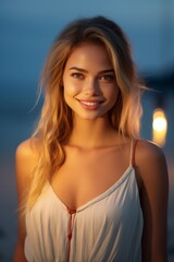 Smiling woman with windblown hair in evening light