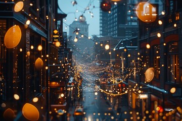 A bustling city street illuminated by a multitude of colorful lights, creating a festive and vibrant atmosphere, A bustling cityscape filled with festive lights
