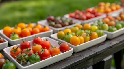 A variety of small tomatoes are displayed on a wooden table.