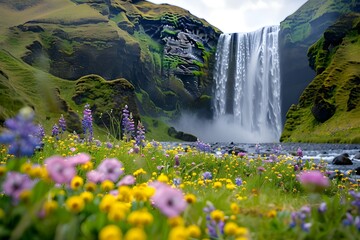 waterfall in the mountains, Skogafoss waterfall in Iceland surrounded by bright flowers and mossy...