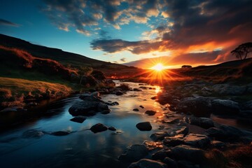 Breathtaking sunset over a serene mountain stream