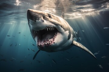 Fearsome great white shark with open jaws underwater