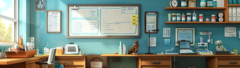 Veterinarian's Office Wall: Displaying animal care posters, vaccination schedules, and a whiteboard with patient appointments