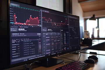 A computer monitor displays a graph of the stock market