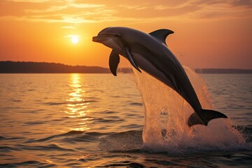 Obraz premium Dolphin jumping out of the water at sunset