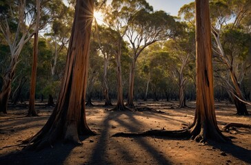 Sunlight filters through tall trees illuminating a forest