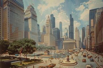 A painting depicting a bustling city square with towering skyscrapers in the background, A bustling...