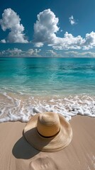 A peaceful beach scene, featuring a sun hat, sunglasses