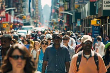 Obraz premium A large group of people from different backgrounds walking together down a bustling city street, A bustling city street filled with a diverse group of people