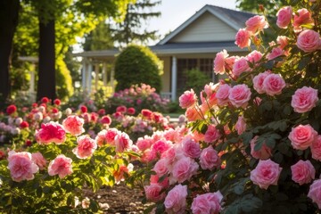 Blooming rose garden with a cozy house in the background