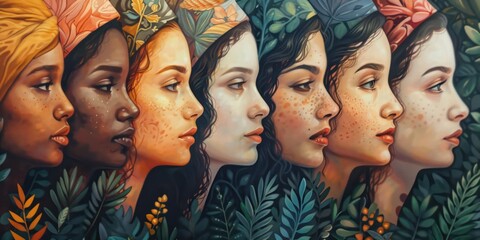 An illustration of diverse women with beautiful faces and colorful head wraps, surrounded by lush foliage.