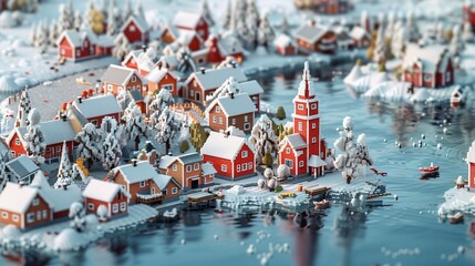 a centered wide shot isometric pixel art small Scandinavian town gradually going big to small,...