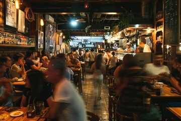 Busy restaurant scene with customers sitting at tables and staff moving about, A bustling dining area with people moving about