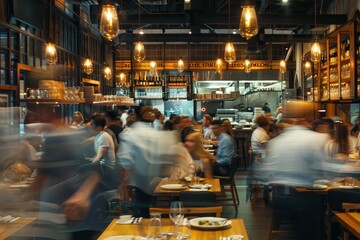 Blurry view of a crowded restaurant with people dining and interacting, A bustling dining area with people moving about