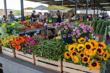 A crowded farmers market bustling with people and overflowing with a variety of fresh fruits and vegetables, A bustling farmers market filled with fresh produce and vibrant flowers