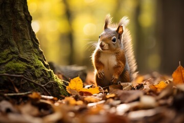 Curious squirrel in autumn forest