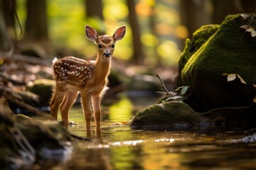 Curious deer standing in forest stream