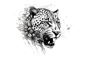 portrait of a leopard in black and white tattoo 